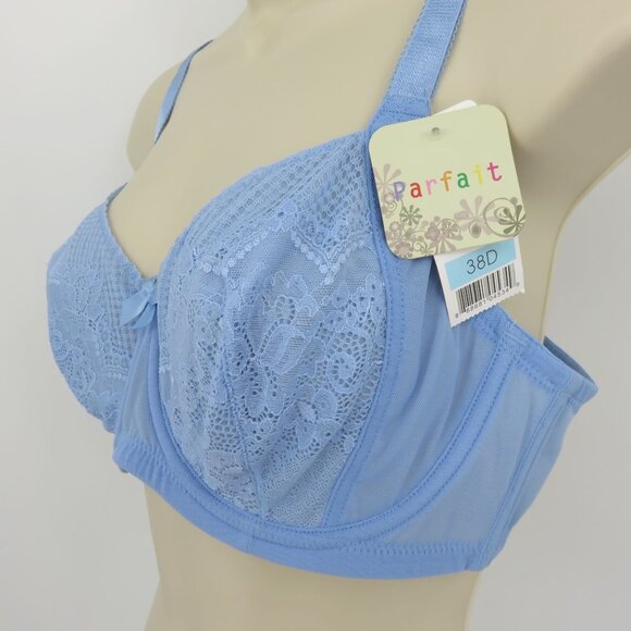 Parfait 38D Blue Floral Flower Lace Underwire Bra Bow Unlined Wide Strap NEW - Picture 4 of 14